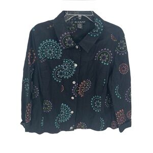 ALEXANDRA BARTLETT 100% Linen Black Embroidered Collared button jacket Size 1X
